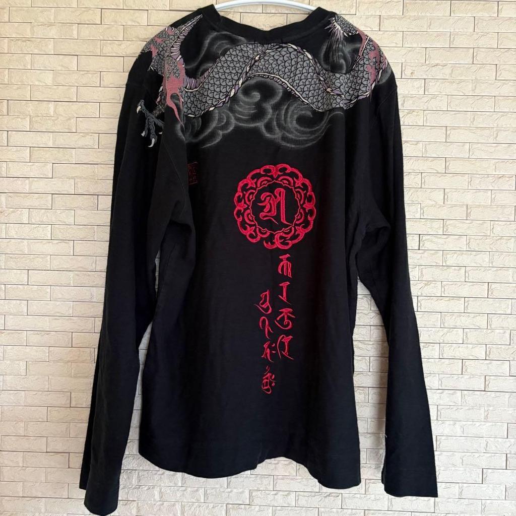 Used Karakuri Tamashii Dragon Bonji Embroidery Long Sleeve T-shirt Japanese Pattern Black XL