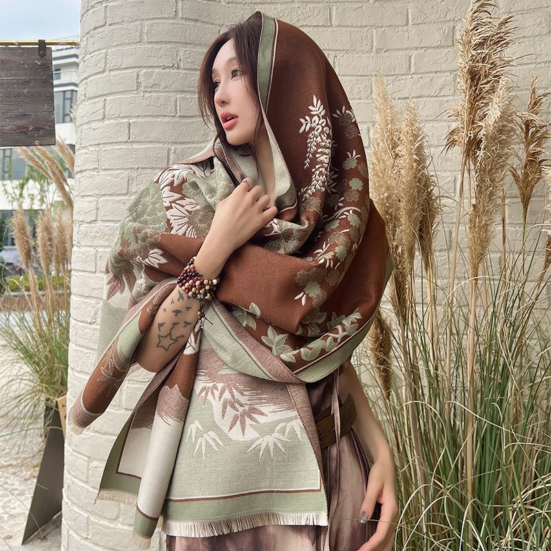 Imitation Cashmere Scarf for Women Elegant and Fashionable National Style Peony Scarf  Warm and Cold Proof Tassel Shawl