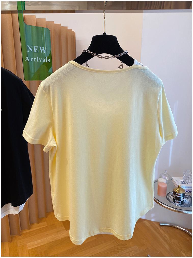 Plus Size Korean Snowflake Cotton Two-Piece Look T-Shirt, Women's Short Sleeve, Loose Casual Top (2026)