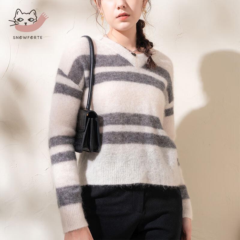 Sinoford Damen Herbst/Winter V-Ausschnitt Gestreifter Locker Gestrickter Wollpullover S21-002