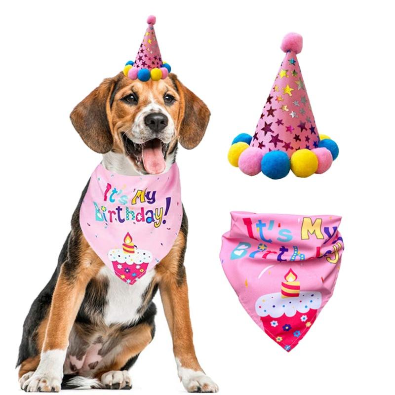 Accesorii pentru petrecerea de aniversare a animalelor de companie Pălărie pentru câine Papion Papion Triunghi Eșarfă Trage steagul Baloane Set de decorare pentru petrecere, roz, albastru, accesorii pentru petrecere pentru animale de companie