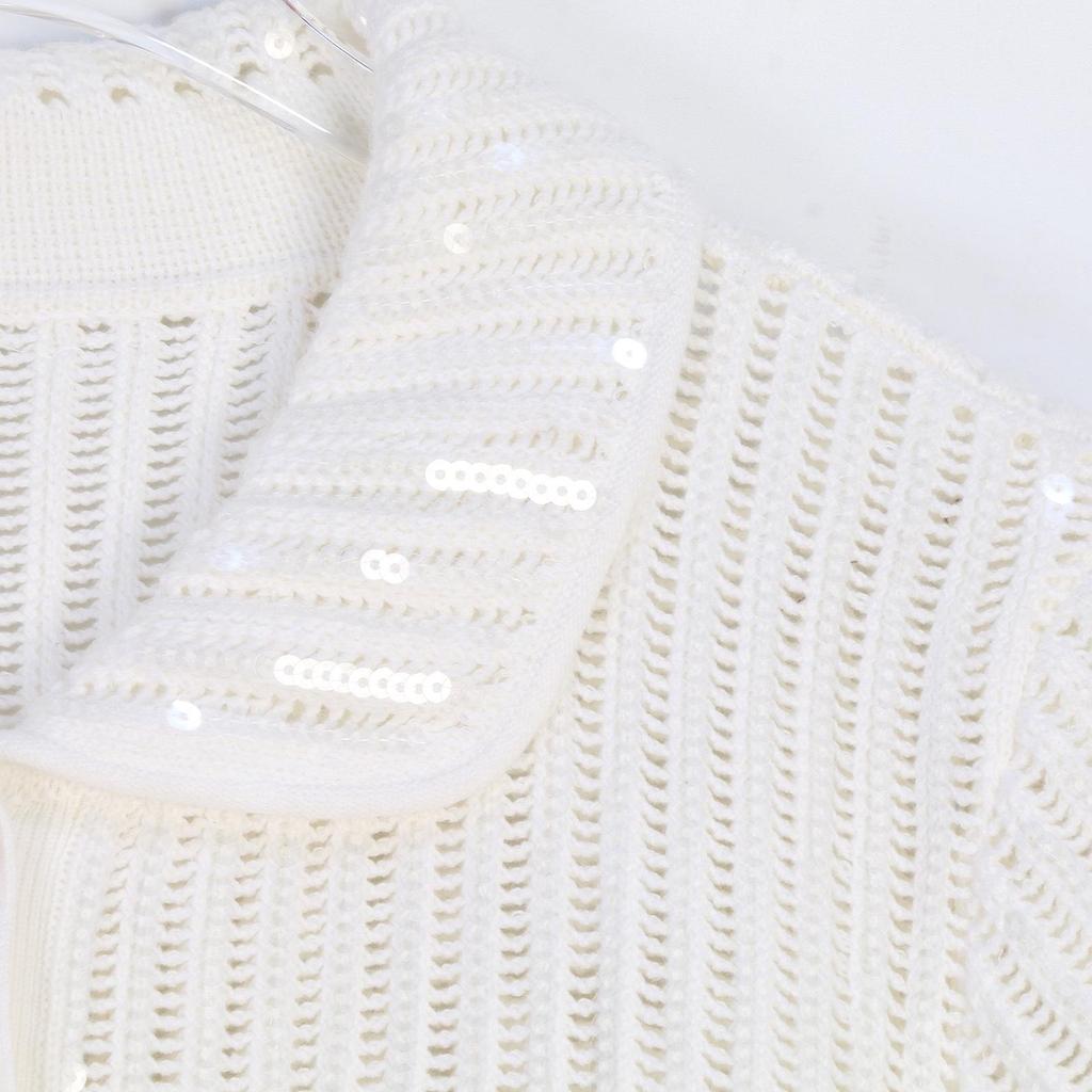 Women's French Sequin A-line Skirt Set with Lapel Metal Buckle and Knitted Hollowed Short Sleeve Cardigan