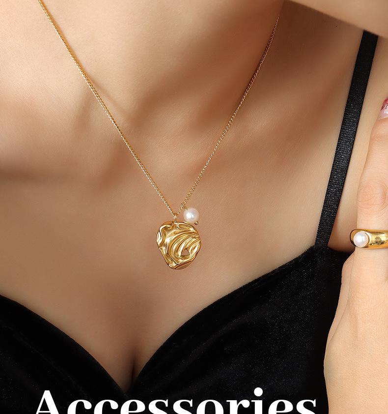 Abstract Art Irregular Pendant Freshwater Pearl Necklace for Women - Gold-Plated Titanium Steel
