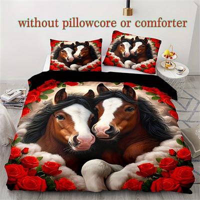 Set Copripiumino con Stampa Animalier 3D Modello Cavallo e Rosa Set Biancheria da Letto con Stampa Digitale con Federe (Senza Piumino)  Tutte le stagioni