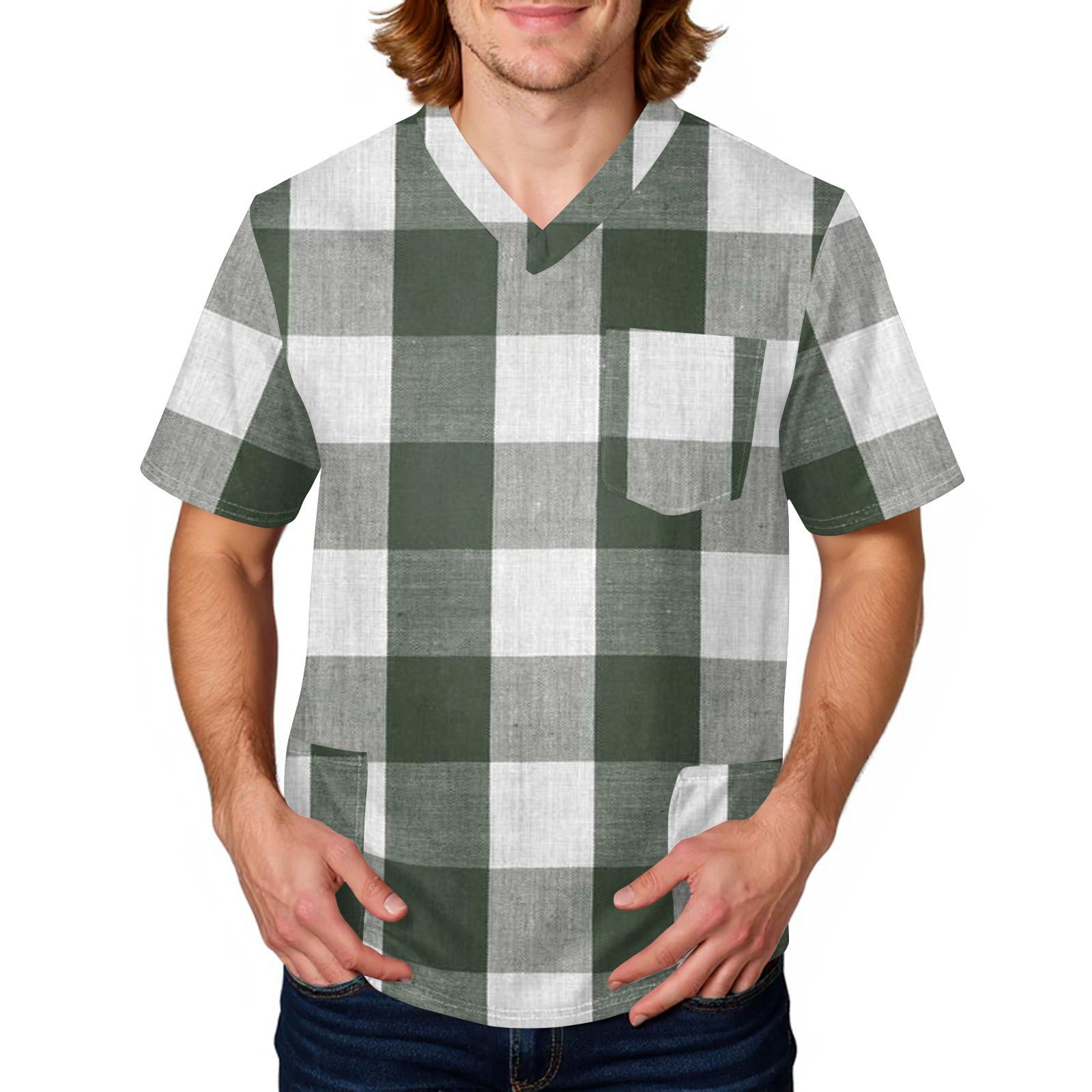 Мужская полосатая клетчатая футболка | V-образный вырез с карманами, свободный крой для, ухода и повседневной работы XXXXL