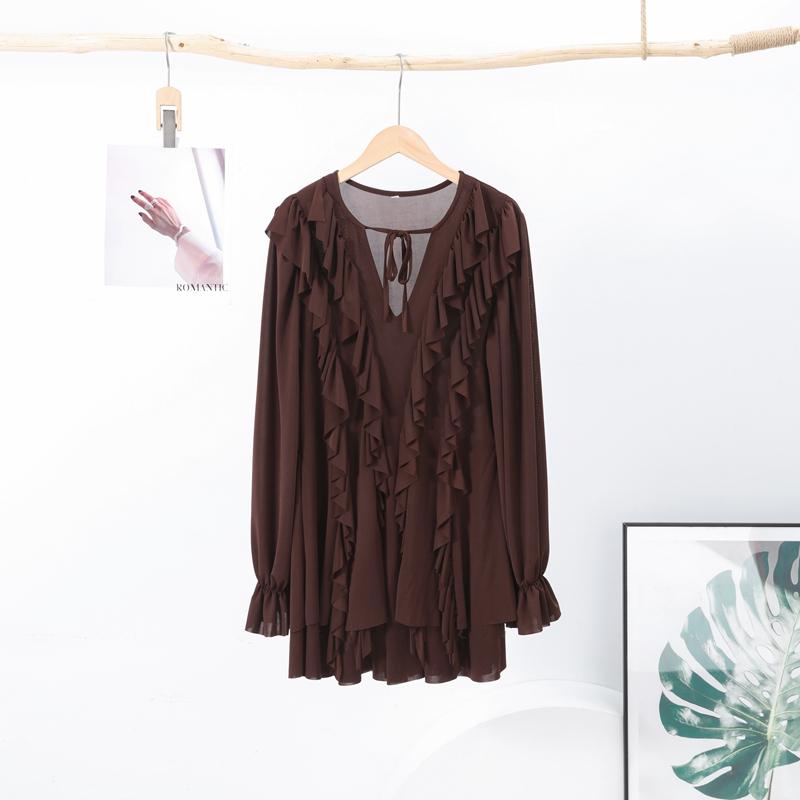 

Элегантное кружевное платье-складка для женщин, коричневое, с глубоким V-образным вырезом, с длинным рукавом, мини-платья для женщин, весна-лето 2025, модное свободное женское платье L коричневый