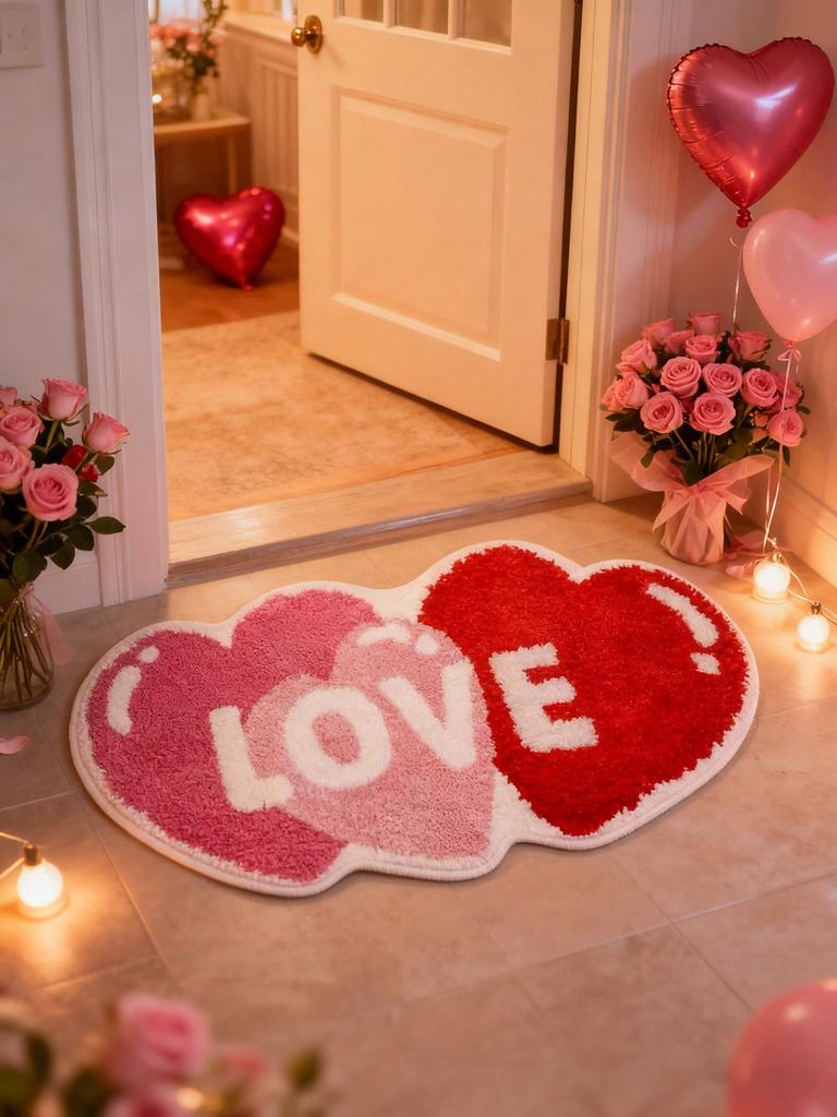 1PC Valentine's Day Heart-shaped Floor Mat - Soft, Anti-slip, with Red and Pink Heart-shaped Patterns and the Word "LOVE"