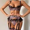 CINOON Damen Sexy Leopard Print Push-Up BH-Set Doppel-Schulterträger Spitze Einsätze Dessous-Outfit Mit Oberschenkelhohen Strümpfen