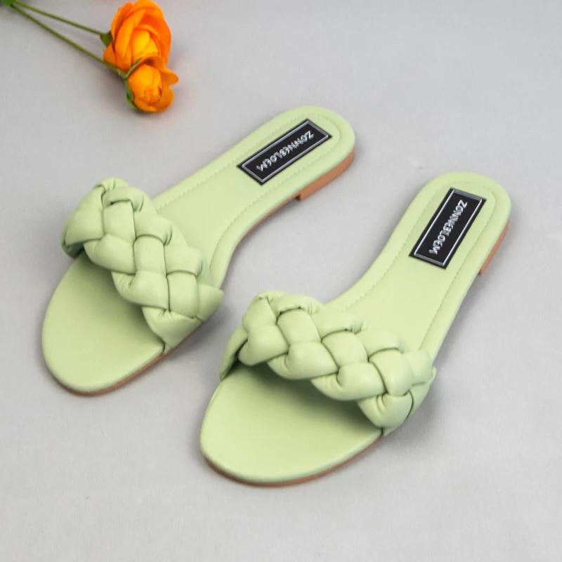 Fashion New Designer Fashion Summer Sandals Women Flat Bottom Ladies PU Leather Slides Weave Slip on Sandal Woman Outside Beach Shoes