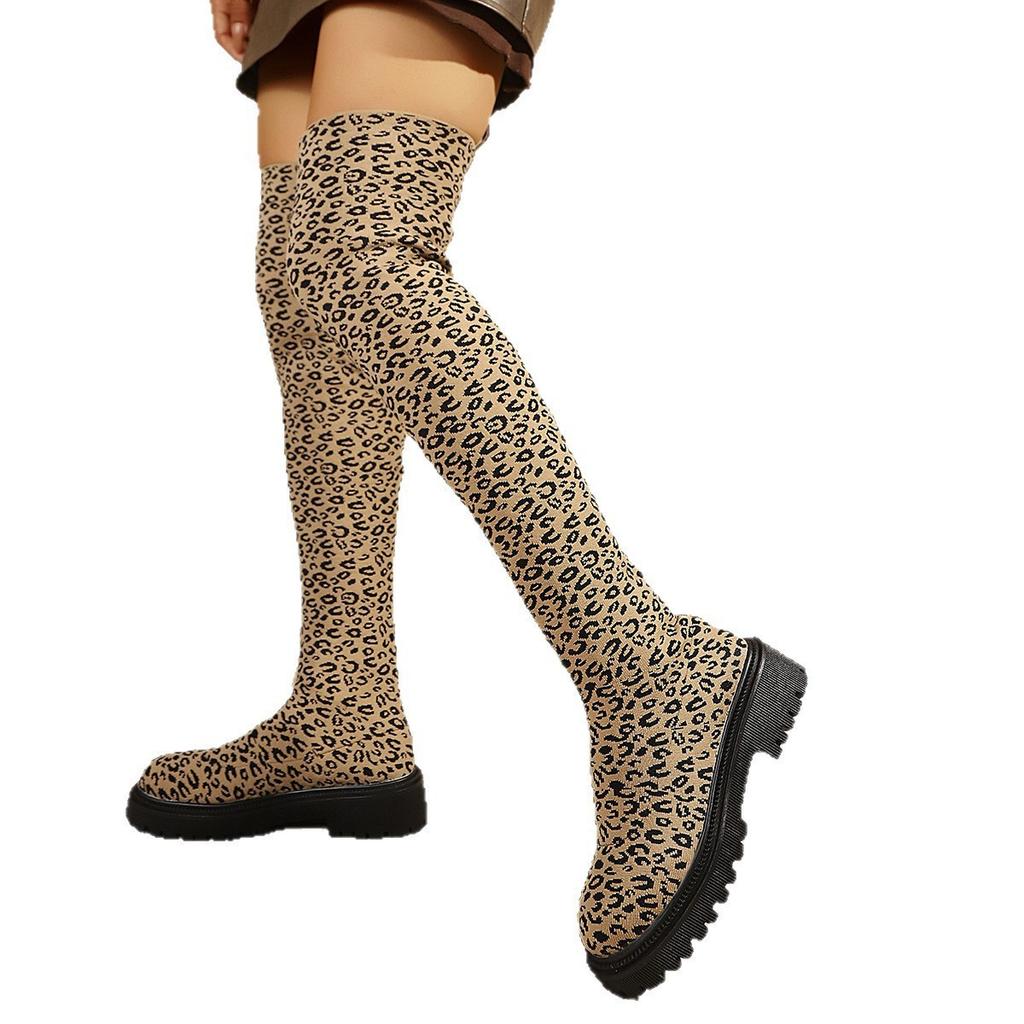 New leopard print knee socks boots autumn large size muffin showing thin elastic thin boots women