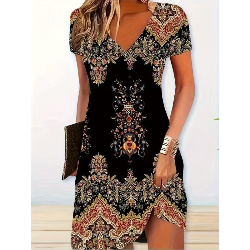 Zomerse Bloemen Damesjurk Mode Casual Boho Strand Zomerjurk Korte Mouw V-hals Sexy 3D Print Losse A-lijn Jurk Femme Vestidos