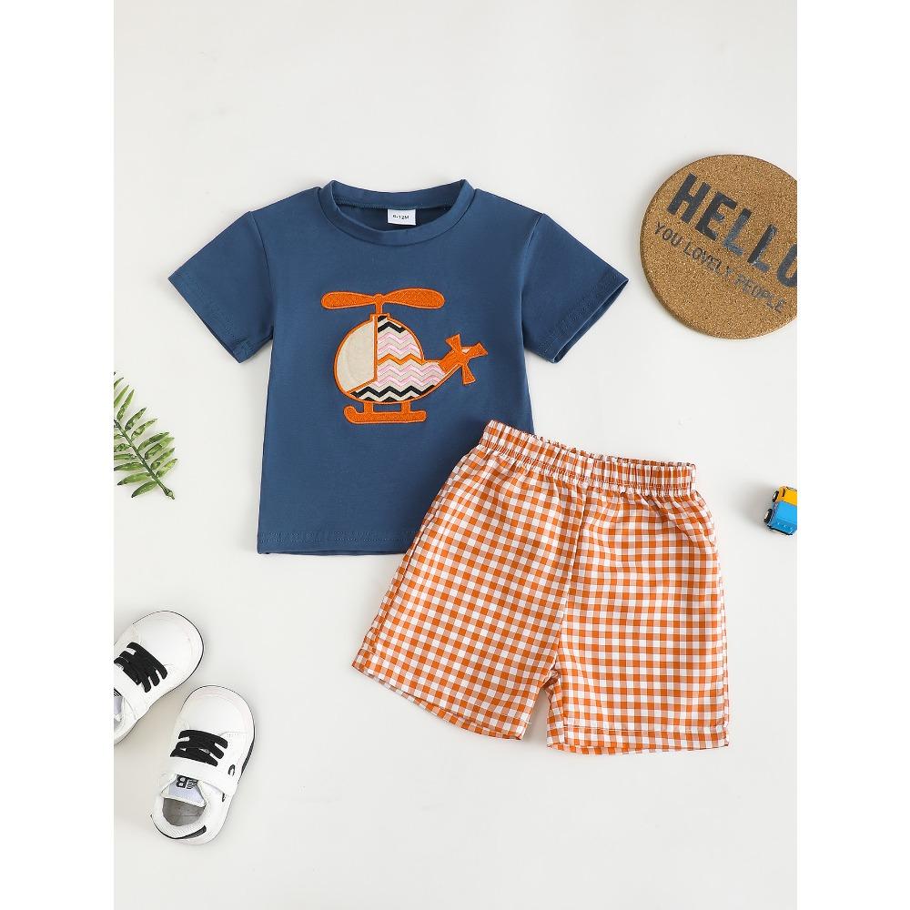 Infant Boys Summer Short Sleeve Outfit with Helicopter Embroidery Pattern Baby Clothing Set 110