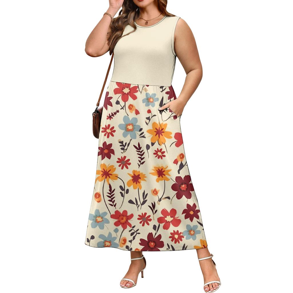 Sleeveless Floral Print Maxi Dress for Women Casual Waist Defined Long Dress Lightweight Summer Style Crew Neck