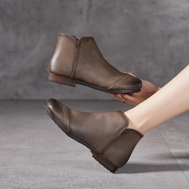 Johnature Stivaletti alla Caviglia Retro Vera Pelle Suola Morbida Versatili Scarpe da Donna in Pelle Bovina