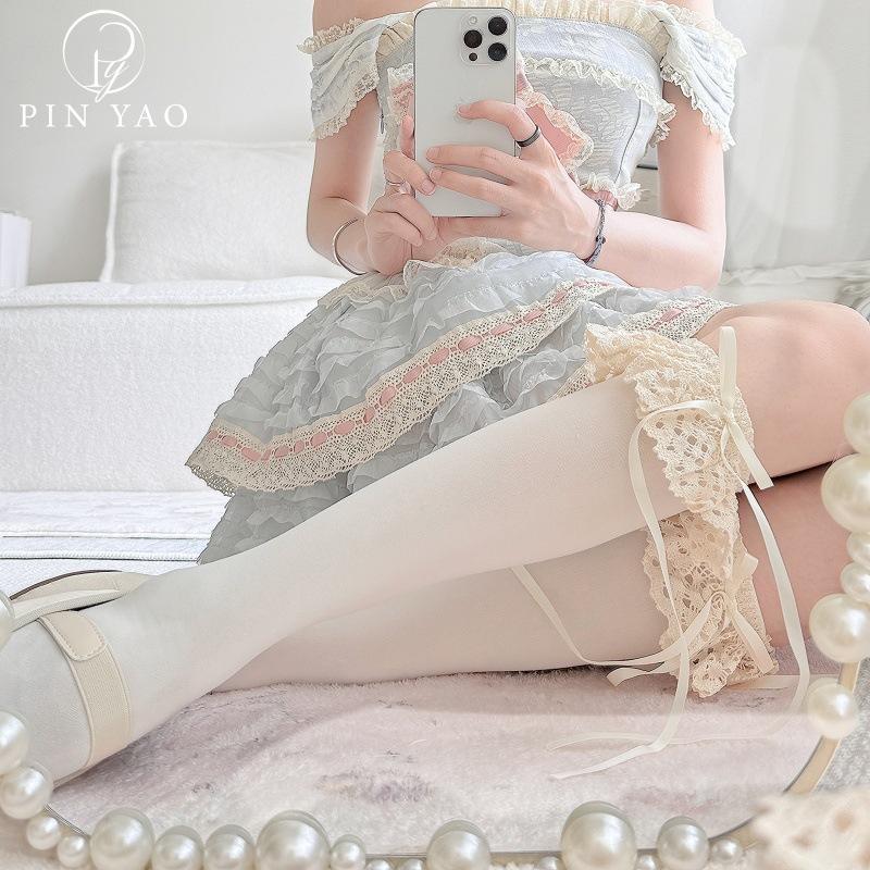 Lace calf socks Japanese Lolita socks women's autumn thin white stacking socks bow tube socks