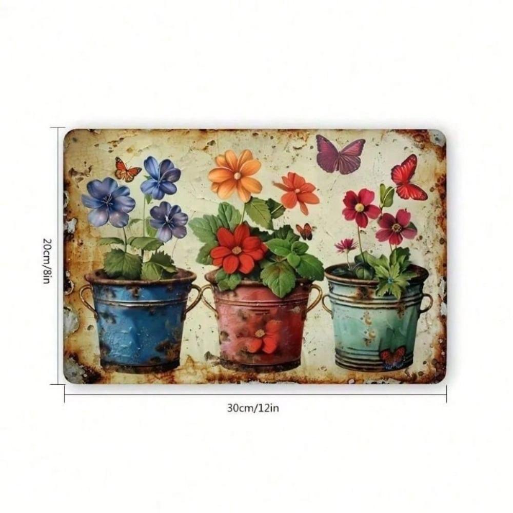 Vintage Metal Wall Art, Butterfly Garden Decor, Retro Flower Pot, 12x8 Inch