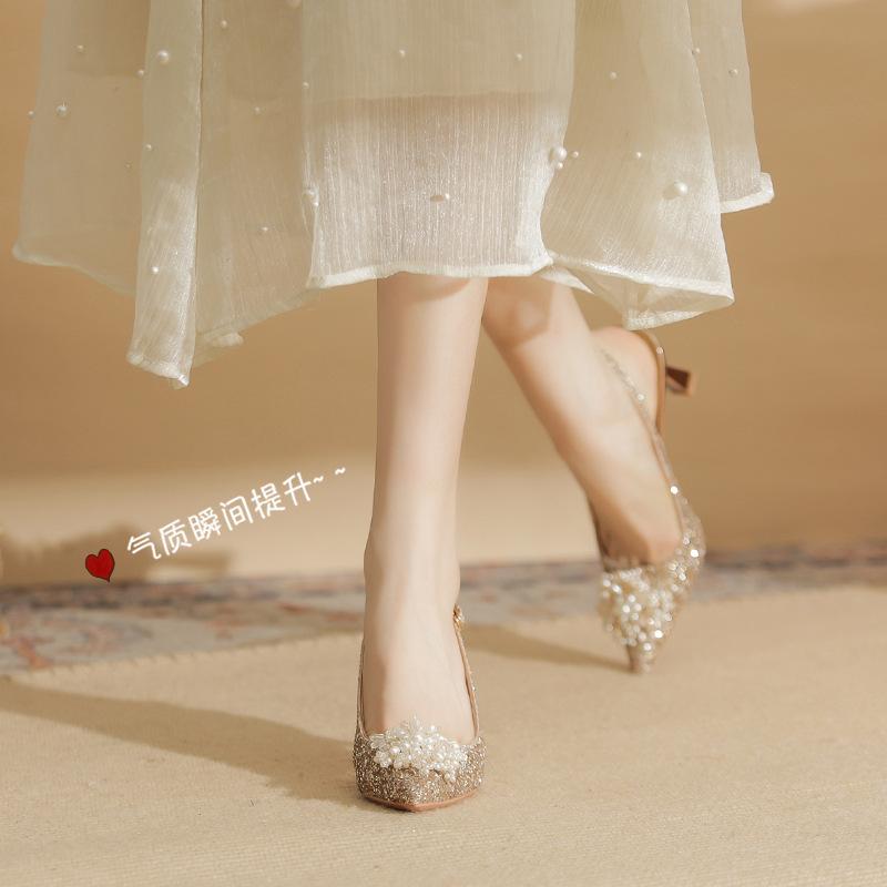 7521-8 [sheepskin] High-heeled Wedding Shoes Women's Thin Heels 2025 New Pointed Sandals Sequined Pearl Single Shoes