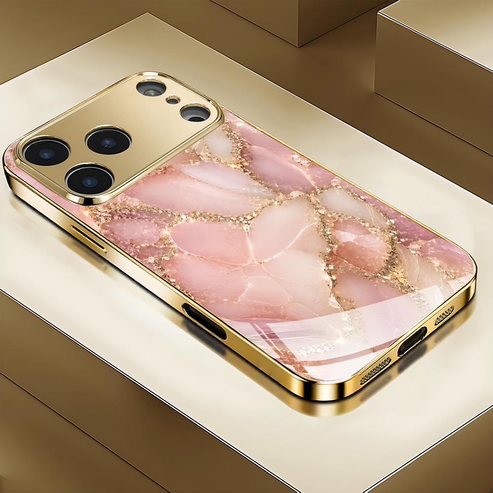 Texture Phone Case Gold Electroplated Tempered Glass For iPhone 16 15 14 13 12 Pro Max Shockproof Silicone Hard Back Cover