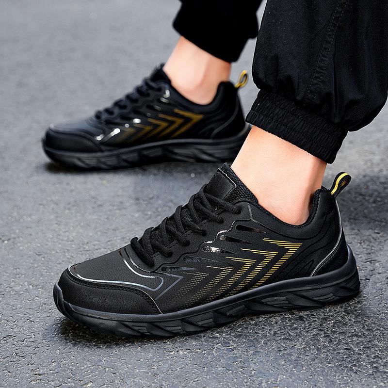 New spring black running shoes men's leather sneakers waterproof and non-slip casual travel shoes
