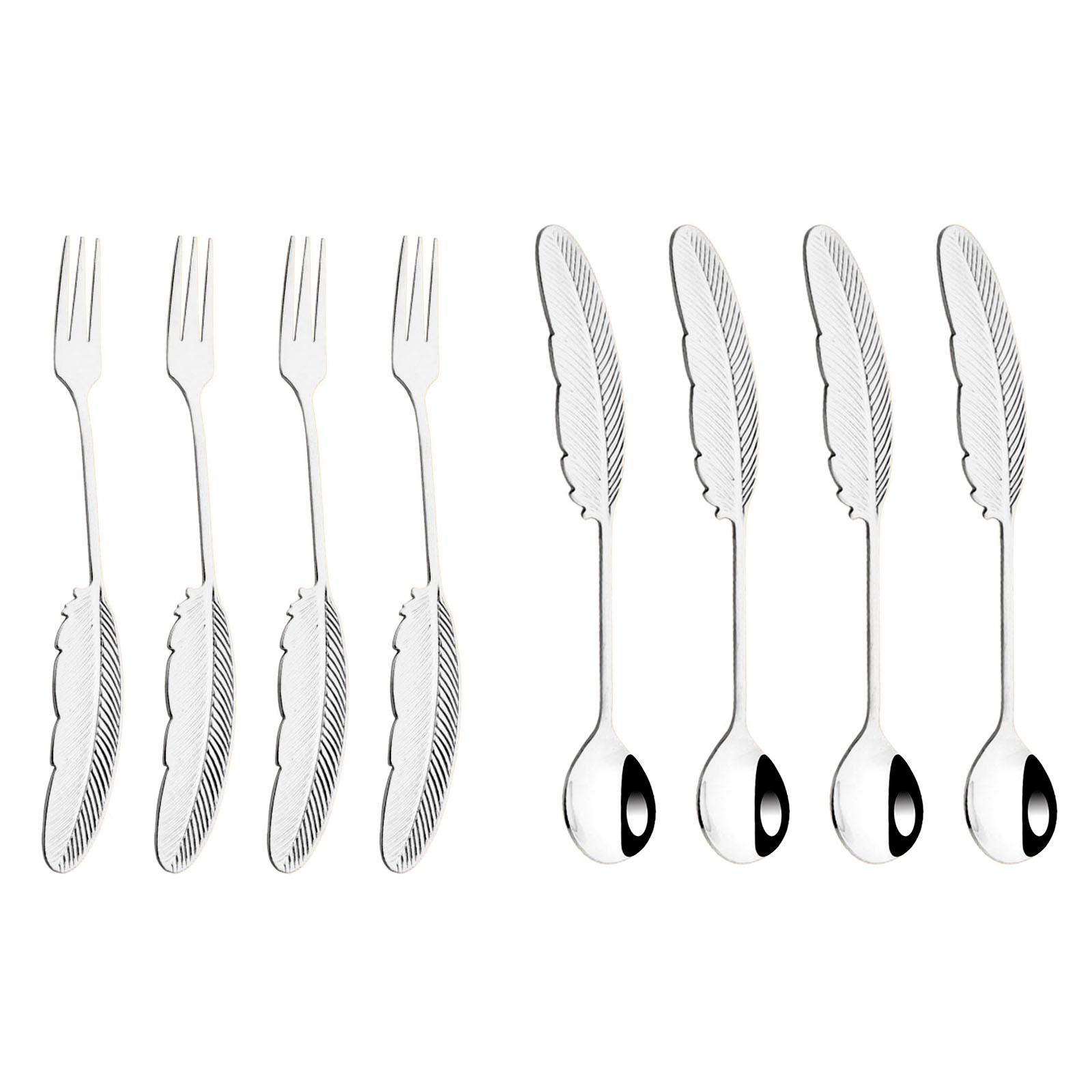 

8Pieces 304 Stainless Steel Silver Feather Coffee Spoon 4 and Appetizer Fork 4 Tableware Mini Dessert Utensils Set серебряный