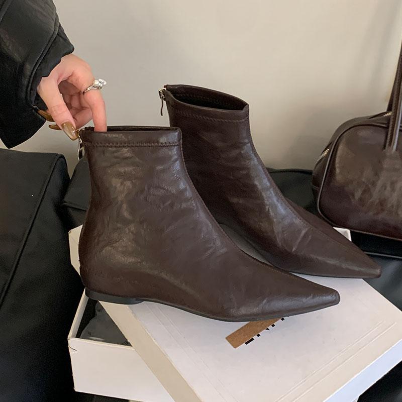 Female Zippers Women Ankle Stretch Boots With Height Increasing Shoes Pointed Toe Modern Ladies Short Boots Shoes