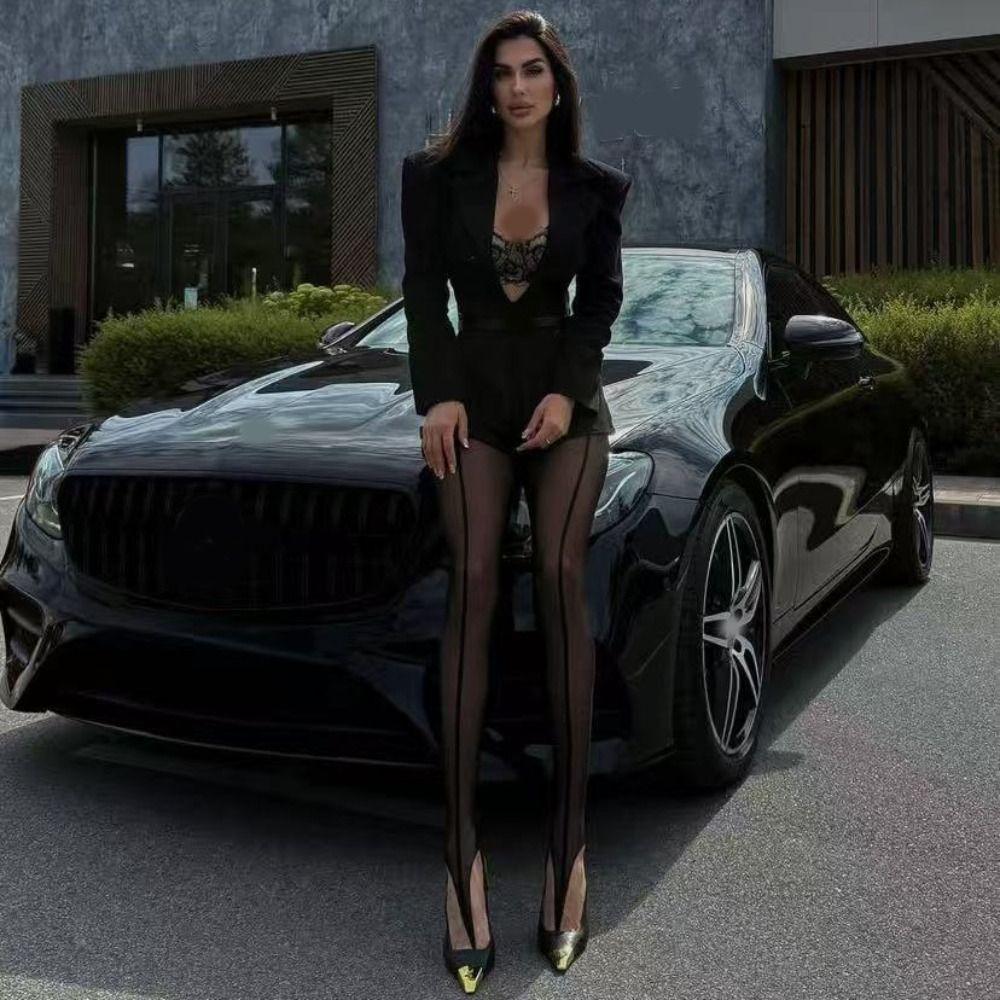 Fashion Personality High Pantyhose Hollow Out Asymmetry Female Stockings Leggings Perspective Vertical Line Tights Girl