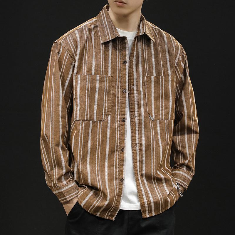 

Men s Retro Striped Long-Sleeve Shirt - Versatile Spring & Autumn Casual Jacket M