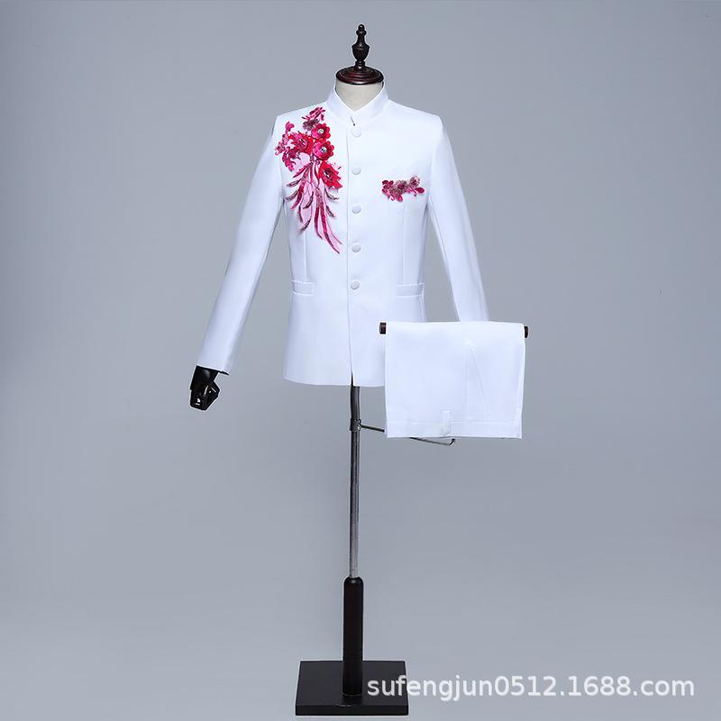 Men's Red Sequined Zhongshan Suit for Stage Performance, Chorus, and Events
