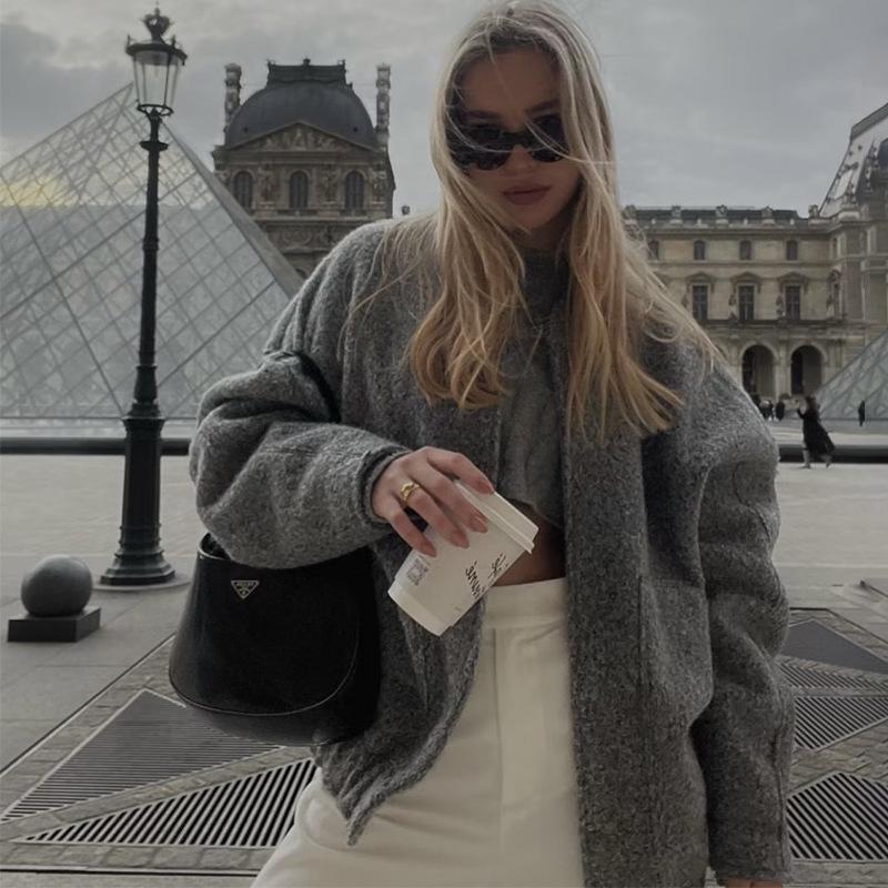 2023 Módní minimalistický vlněný kabát s dlouhým rukávem a kapsami pro podzim a zimu