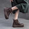 Johnature Retro Breathable Mesh Hollow Out Boots Genuine Leather Women's Flat Platform Shoes