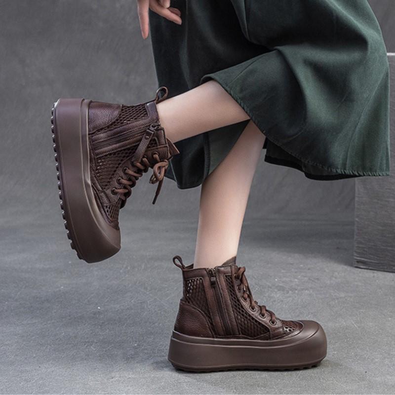 Johnature Retro Breathable Mesh Hollow Out Boots Genuine Leather Women's Flat Platform Shoes