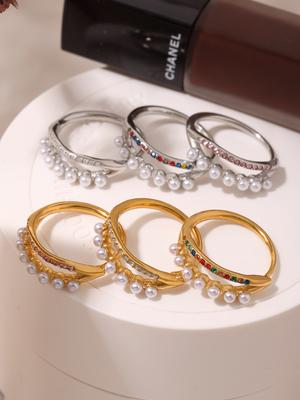 1 Piece Fashion Light Luxury Inlaid Zircon Zirconia Ring Stainless Steel Double French Beads Side Opening Ring