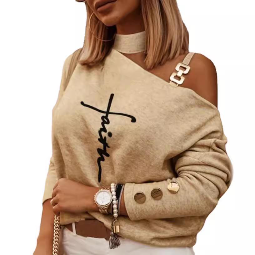 Irregular Shoulder Strap Studded Print Long Sleeve Off-Shoulder T-Shirt