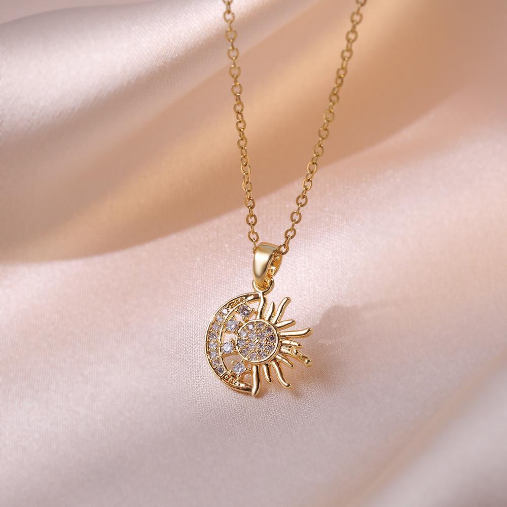 Stainless Steel Micro Paved Sun Moon Pendant Necklace Fashion Light Luxury Cubic Zircon Collar Chain for Women Wedding Jewelry