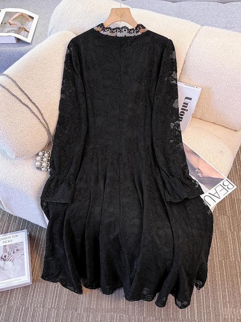 Plus Size Women's Lace Dress with Velvet Lining - Autumn/Winter, Elegant Slimming Skirt for 130-300 lbs