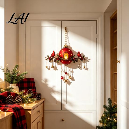 Vintage Stil Urlaubsdekoration Beleuchtetes Rote Beere Kiefernzapfen Ornament Vogel Weihnachtsglocke Winter Saisonale Aufhängung mit Warmem Leuchten Haus Veranda Kamin