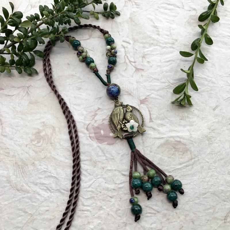 New Forest handmade ceramic necklace, women's retro versatile sweater chain simple long accessories pendant
