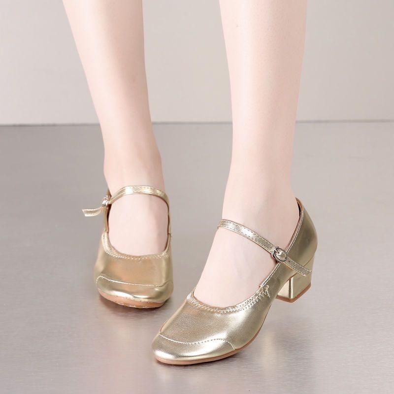 Medium heel dance shoes women's four-season adult red dance shoes silver soft-soled performance square dance shoes women's single shoes