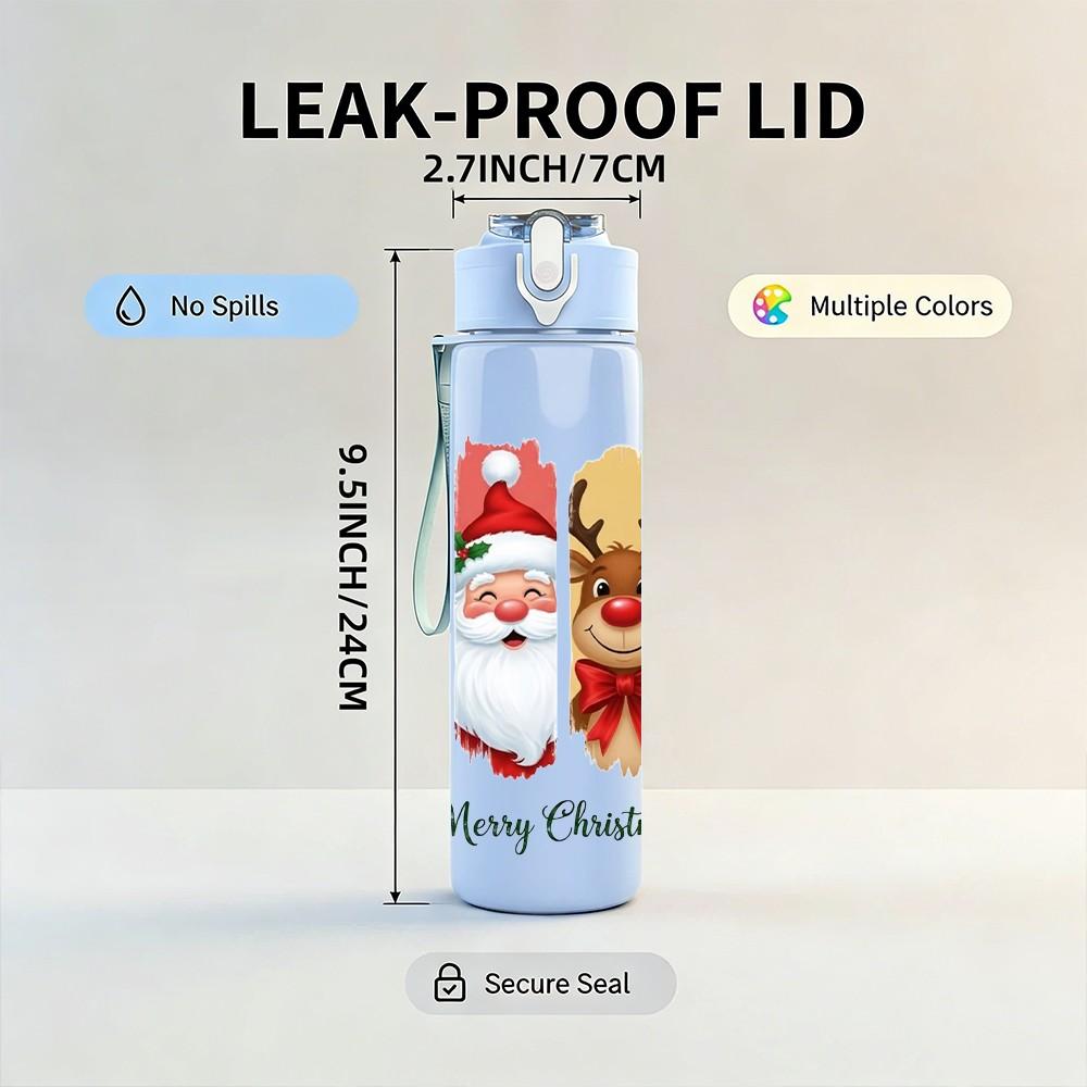 1PC Christmas Sock Gift Festive Print 750ml Color Plastic Sports Water Bottle Leakproof Flip Straw Lid Suitable for Sports Office Home Use
