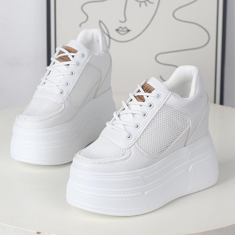 12CM Synthetisches Air Mesh Echtleder Schuhe Plateau Keil Sommer Stiefeletten Atmungsaktive Sandalen Damen Klobige Sneaker