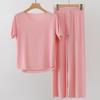 2Pcs Set Womens Pajamas Ice Silk Seamless Soft Breathable Homewear Short Sleeve Top and Elastic Waist Wide Leg Pants Solid Color Loose Lounge Set