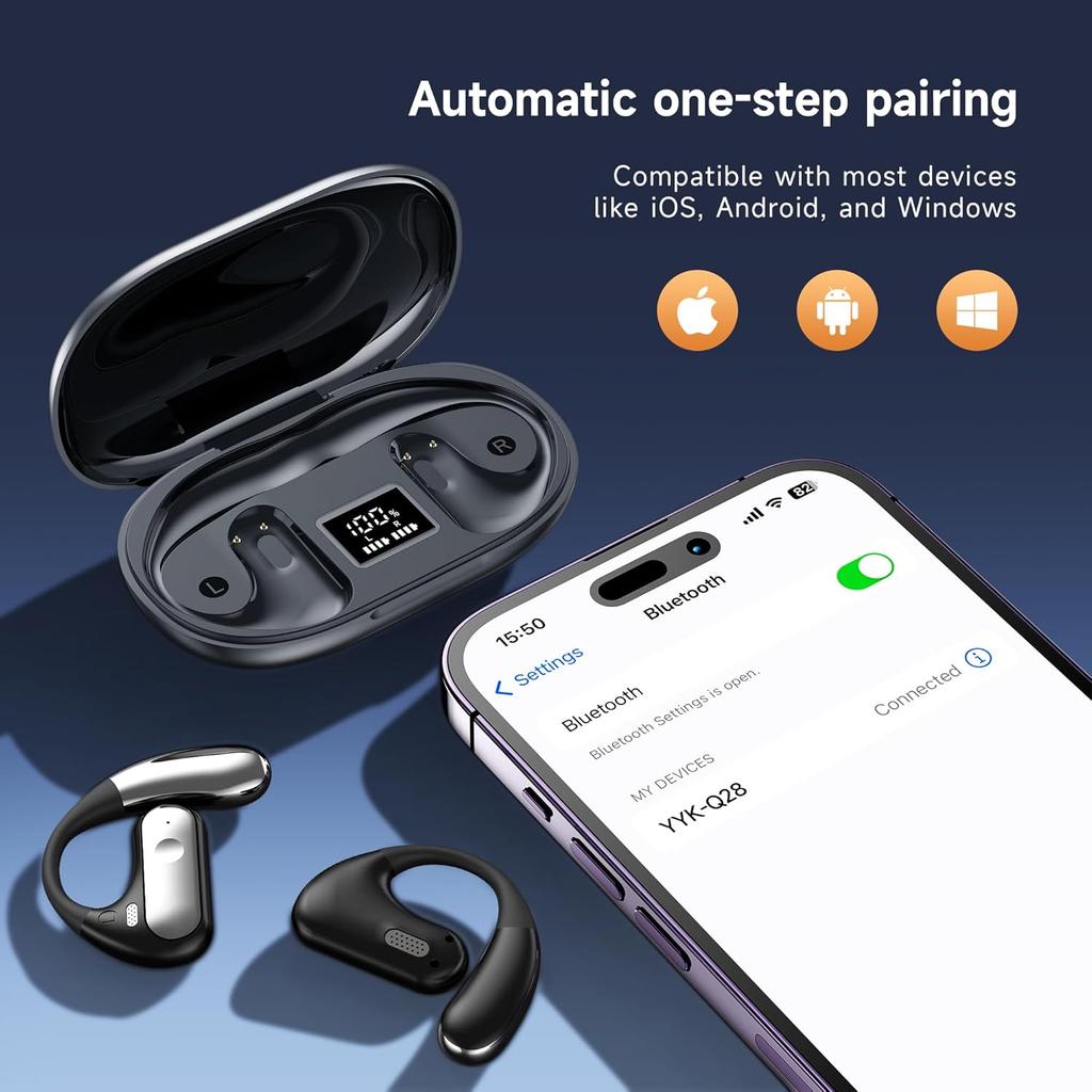 Offene Kopfhörer mit Mikrofon, Over-Ear Kabellose Ohrhörer mit Ohrbügel 80H Wiedergabezeit Bluetooth 5.4 Kopfhörer mit LED-Anzeige Ladecase IPX7 Android iOS