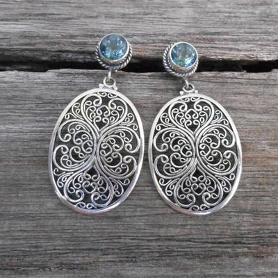 Vintage Creative Silver Color Metal Carving Hollow Flower Earrings Classic Round Inlaid Sea Blue Stone Dangle Earrings for Women
