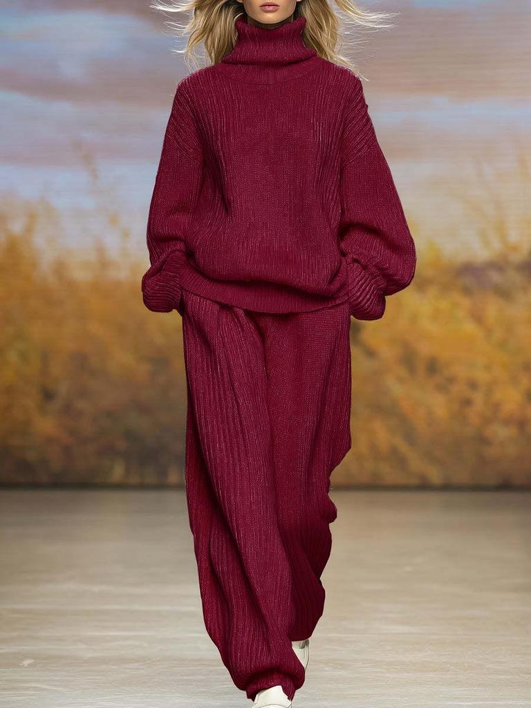 2025 Autumn/Winter Women's Casual Knit Set: High Neck Top & Wide Leg Pants