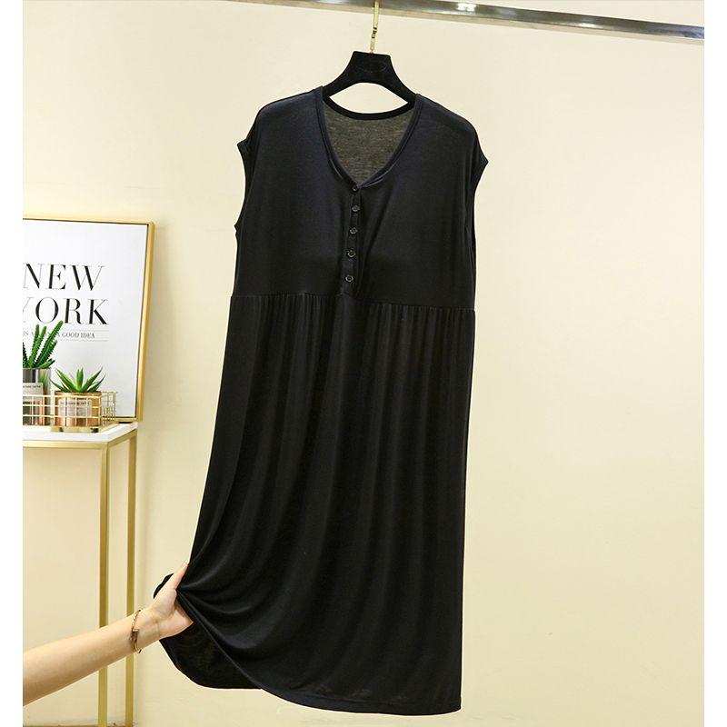 

Modal V-neck Breasted Dress Belt Chest Pad Plus size Long Home Dress Sleeveless Loose Thin plus Size Nightdress Black Free size [recommend 40.00 kg-80.00 kg]]