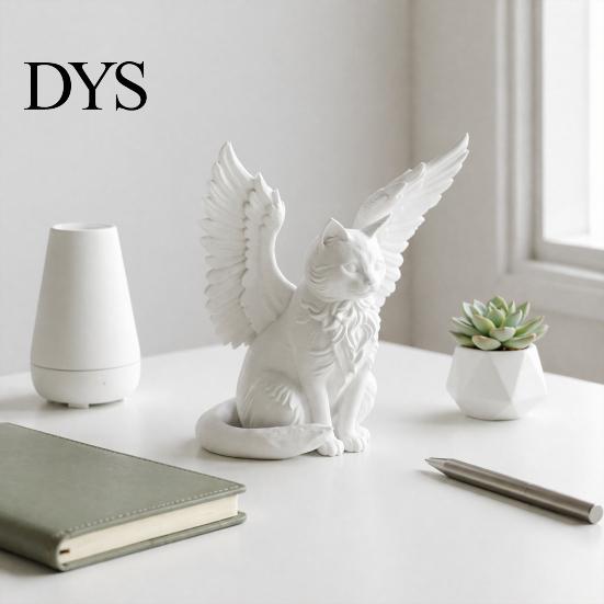 Gentle Aesthetic Decor Angel Cat Desk Ornament, Matte White 3D Printing Figurine, Minimalist Small Decorative Figures Winged Sculpture for Home Office