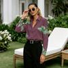 Damen Bluse in staubigem Lila mit großem grünen Blumenmuster, Reverskragen, Langarm, aus Satin, geeignet für den Weg zur Arbeit, Abendveranstaltungen und Stadtbummel
