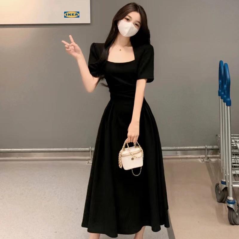 Black dress women's summer new French retro square collar waist and thin temperament Hepburn style long skirt