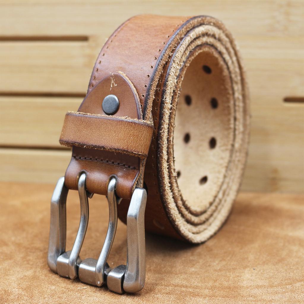 Thickened Head Layer Cowhide Belt for Men European and American Fashion Double-pin Buckle Italian Motorcycle Style Tough Guy Belt