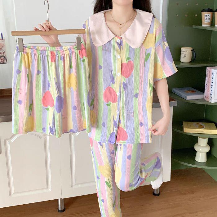 Kariertes Hello Kitty Pyjama-Set - Damen Kurzarm Frühling/Sommer 3-teilig